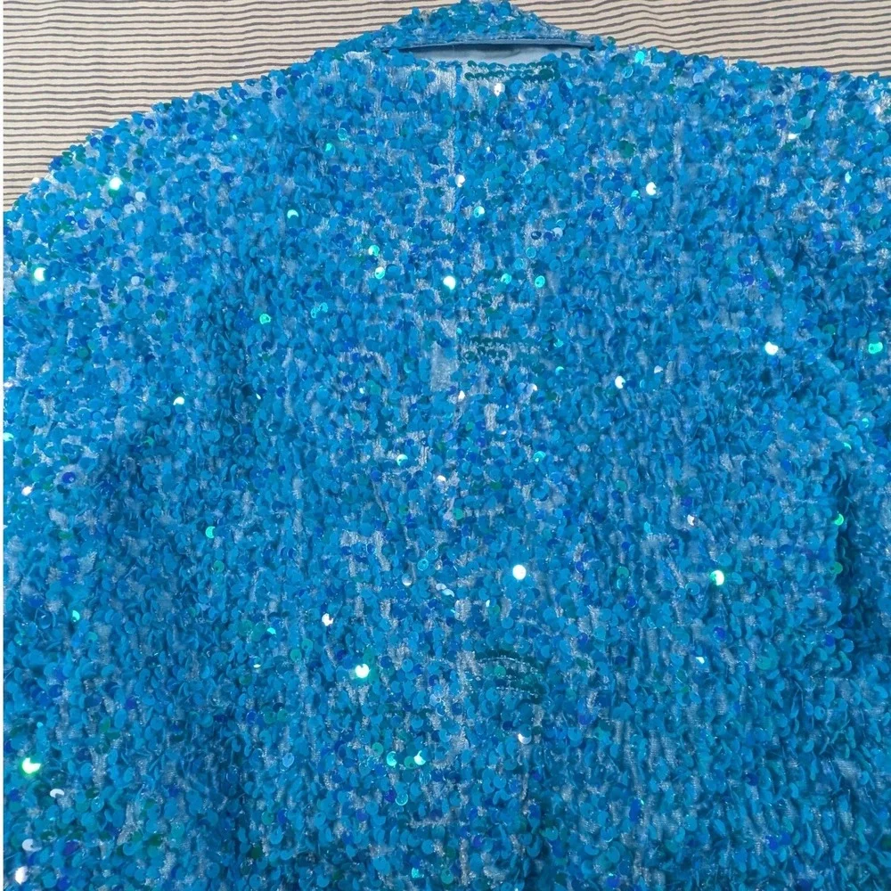 Nasty Gal $326 Size 6 Teal Blue Sequin Two Piece Set Cropped Blazer Flare Pants - Picture 15 of 16